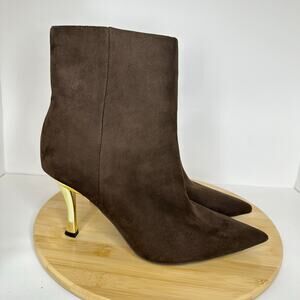 Nine West Pasey Brown Suede Gold Stiletto Pointed Toe Ankle Bootie Size 11
